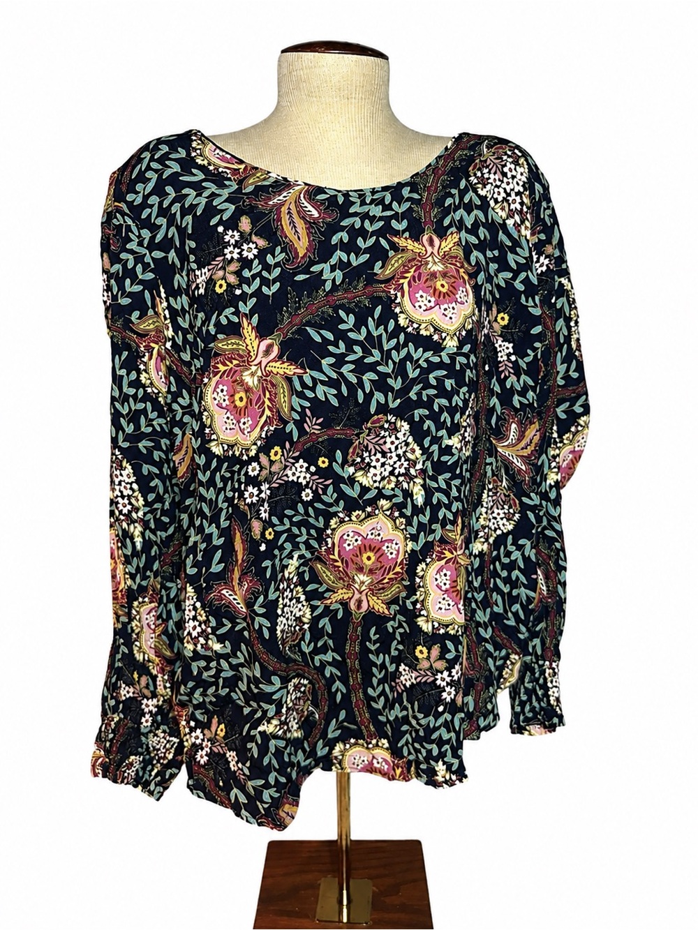 LOFT Navy Blouse with Pink and Green Floral Motif